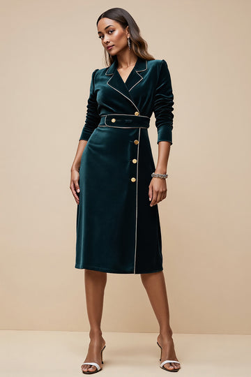 Velvet Sheath Peacock Blue V-Neck Work Dress